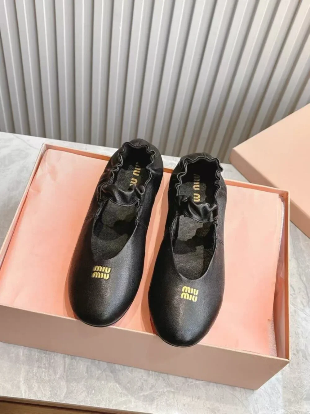 Miu Miu Black Ruched Leather Ballet Flats